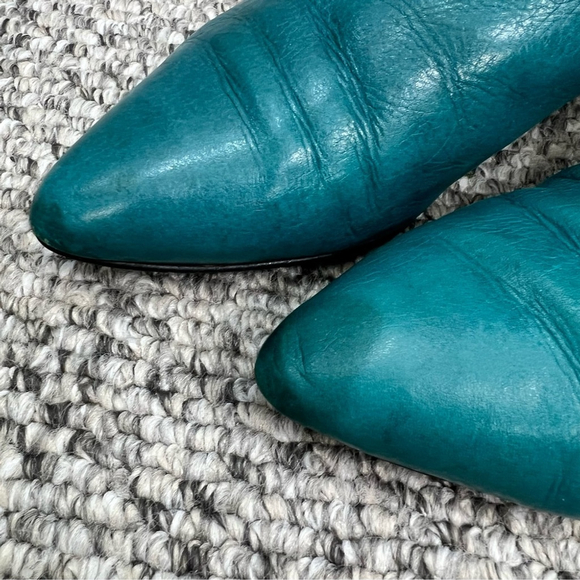 Vintage 70s 80s turquoise Italian suede leather applique mid calf flat boots 8 - Picture 14 of 15